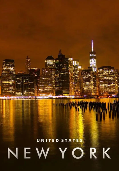 Manhattan Night Reflection Poster | New York Skyline | Serene Waterfront Views | Cityscape Art | Urban Nightscape Decor | Wall Art for Home & Office