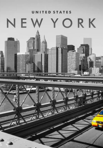 New York City Skyline | Yellow Taxi on Brooklyn Bridge | Urban Landscape Poster | City Life Art Print | NYC Wall Decor
