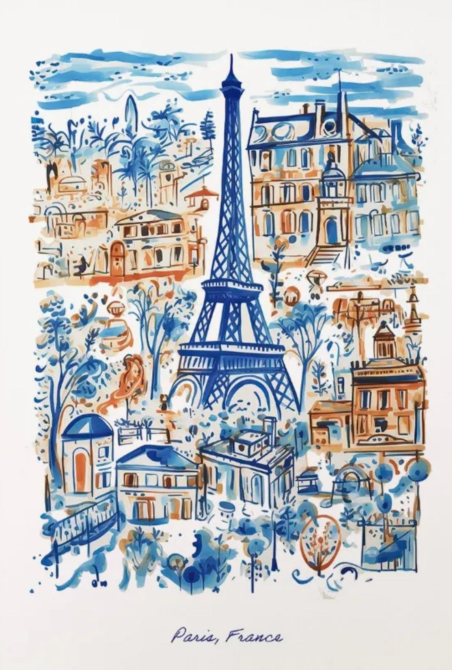 Eiffel Tower Cityscape | Blue & Orange Art