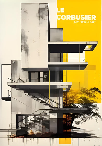 Le Corbusier-Inspired Modern Art Poster | Bold Yellow Abstract Architecture | Ideal for Home Office | Contemporary Wall Art