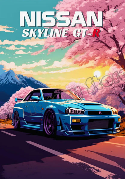 Retro Poster Canvas Painting Japanese Car 1990s Classic Car Nissan Skyline GT-R R34 Wall Art Pictures Home Interior Decor