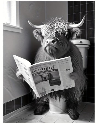 Highland Cow | Reading Newspaper On Toilet | Humorous Bathroom Wall Art | Poster | Funny Animal Decor | Farmhouse Style | Unique Gift Idea