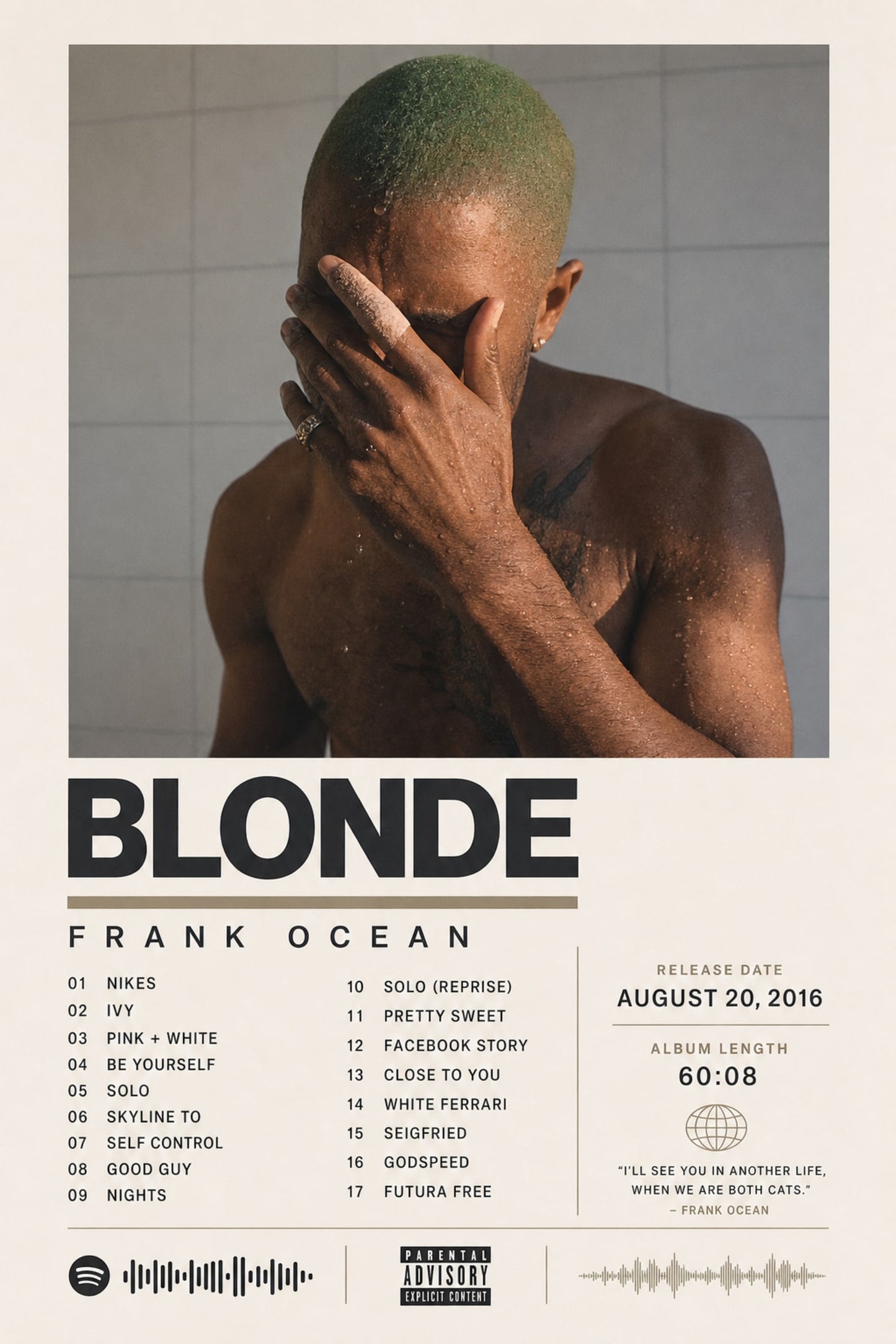 Blonde Album Poster | Frank Ocean Wall Art | Music Print | Track List Design | Modern Home Decor | Art for Music Lovers | Gift for Fans | Wall Decoration Poster