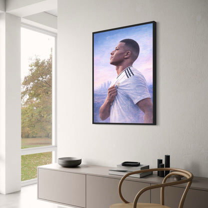 Inspirational Sports Artwork | Football Player Illustration with Team Emblem | Cityscape Background | Motivational Poster Print | Modern Decor for Sports Enthusiasts | Athletic Spirit and Dedication