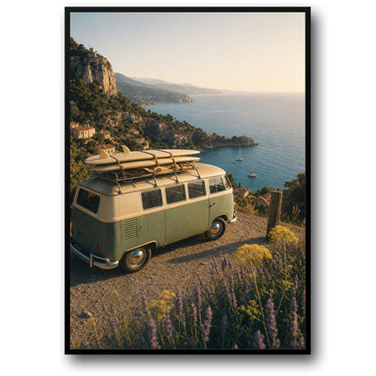Vintage Surf Van Coastal Road Trip | Scenic Ocean View | Travel Adventure Art Print | Retro Photography Poster