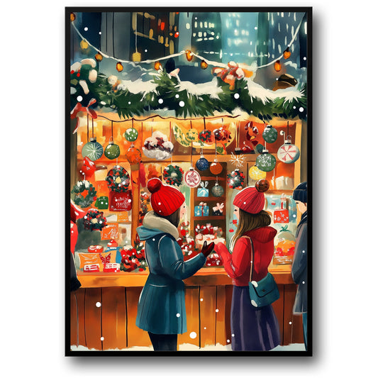 Festive Christmas Market Poster | Winter Wonderland Scene | Cozy Holiday Atmosphere | Snowy Urban Setting | Illuminated Stall | Twinkling Lights | Colorful Ornaments | Seasonal Decorations Print
