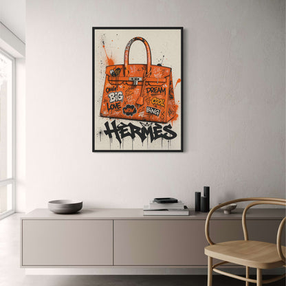 Stylish Graffiti Art | Orange Designer Handbag Illustration | Trendy Wall Print Poster | Fashion Inspired Decor