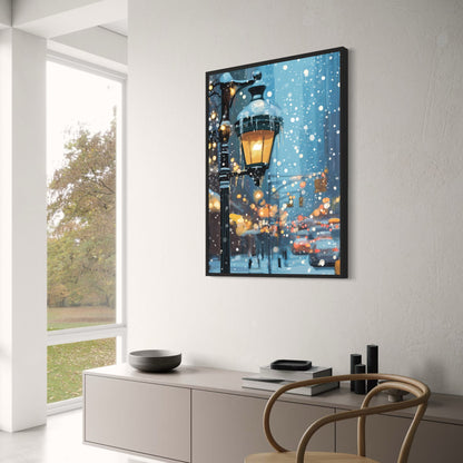 Winter Wonderland | Urban Street Scene | Snow-Covered Lamp Post | Falling Snowflakes | Cityscape Backdrop | Warm Glowing Print | Home Office Decor Poster
