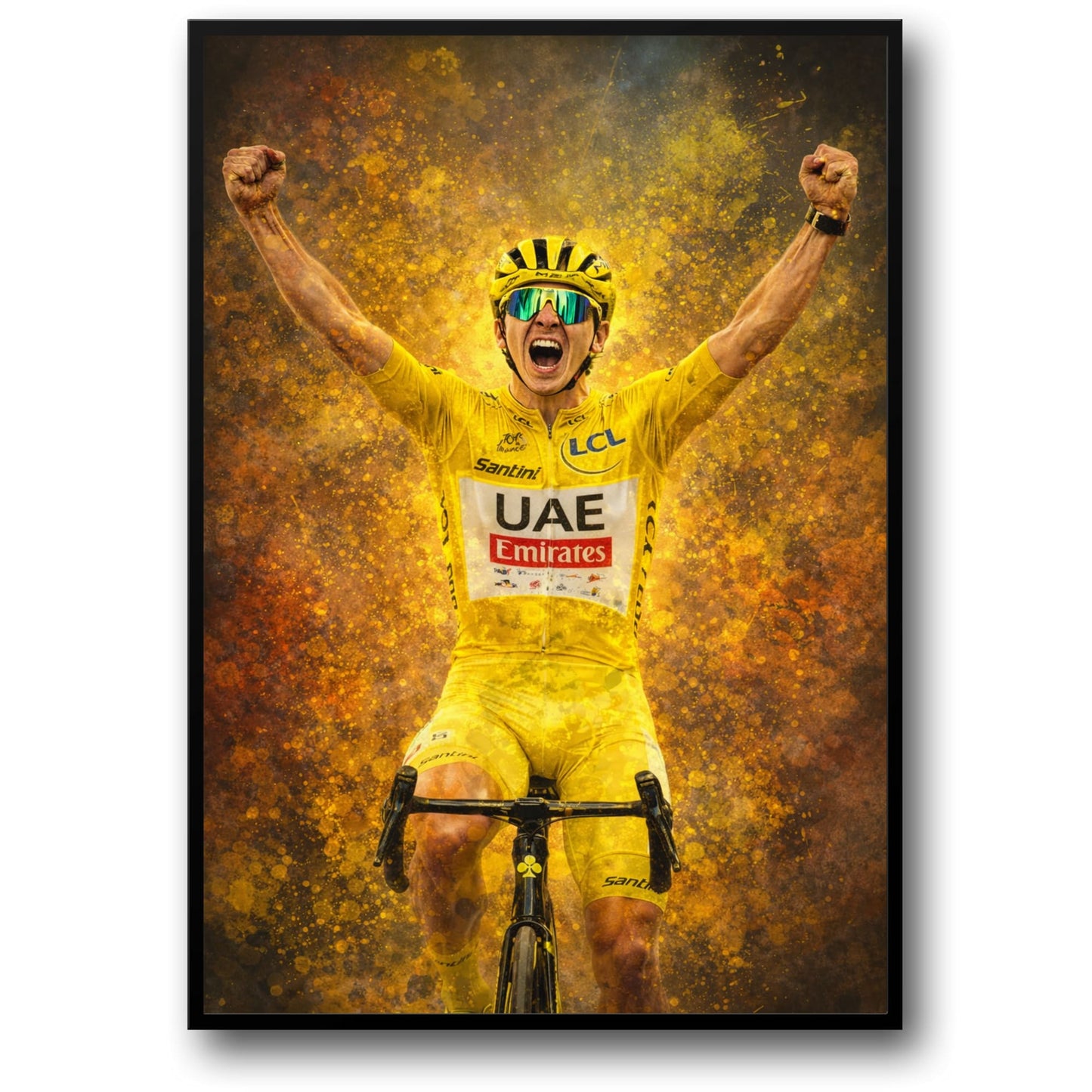 Tadej Pogačar | Enthusiastic Cyclist Poster | Celebratory Racing Bicycle Print | Vibrant Yellow Jersey | UAE Emirates & Santini Branding | Energetic Pose Against Abstract Background | Competitive Spirit Artwork