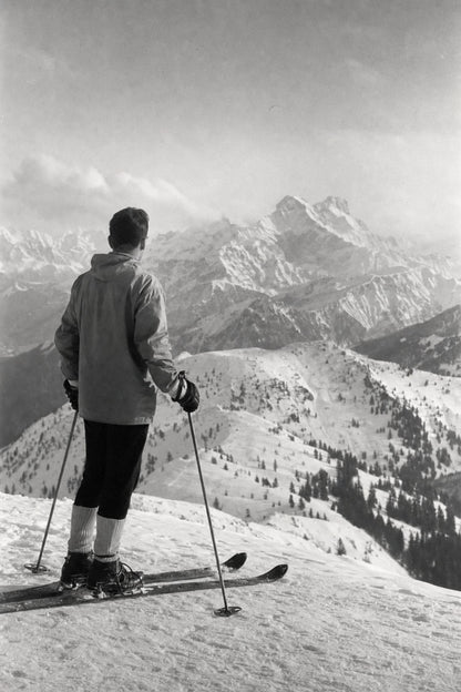 Vintage Skiing Adventure | Scenic Mountain Landscape Art | Black and White Winter Sports Poster Print