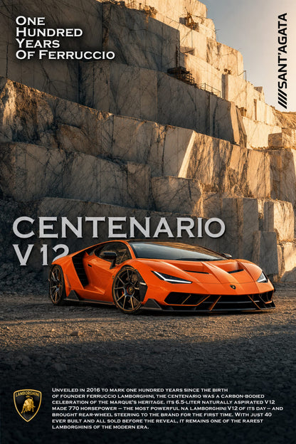 Centenario V12 Poster | Celebrate Lamborghini's 100 Years with Stunning Print | Luxury Supercar Wall Art | Automotive Decor