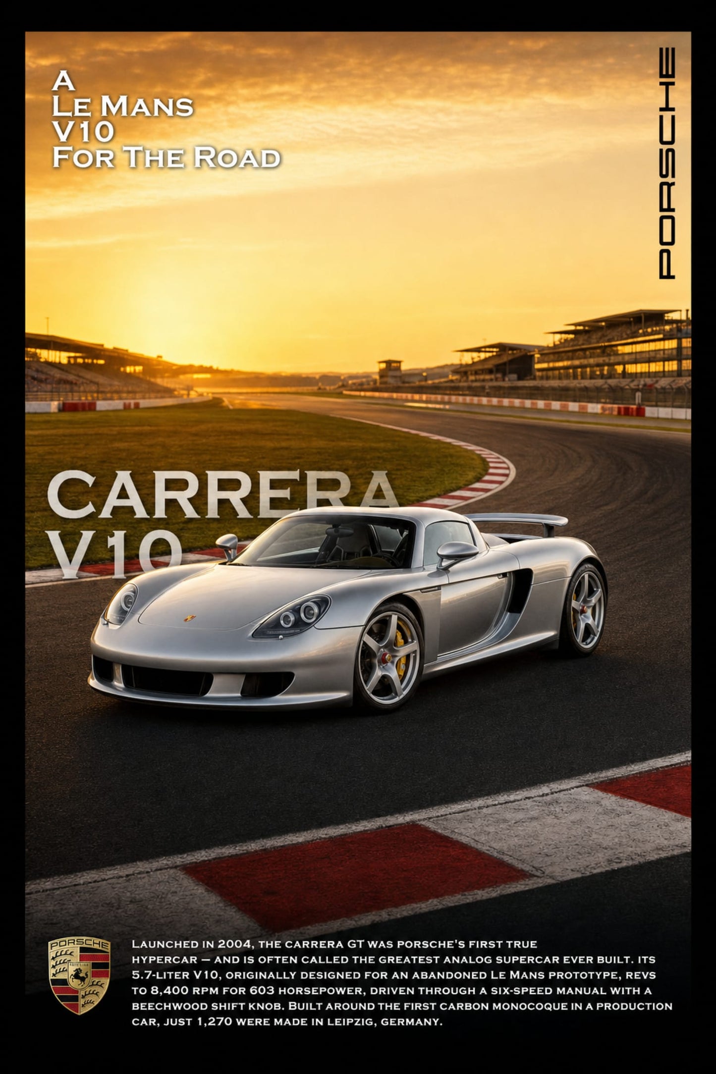 Porsche Carrera GT | Iconic Supercar V10 | Le Mans Road Legend Poster | High Performance Sunset Track Scene Wall Art Print