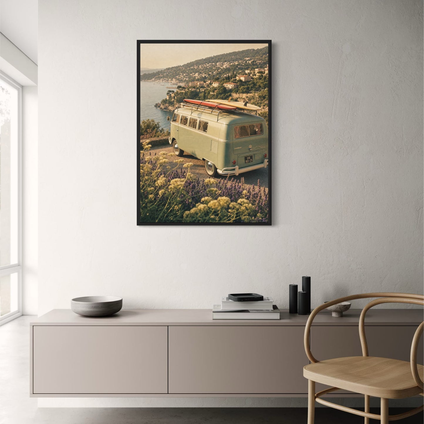Vintage Camper Van by Seaside | Scenic Landscape | Retro Travel Art Print | Coastal View | Adventure Poster