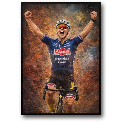 Cyclist Triumph | Professional Rider in Alpecin-Deceuninck Kit | Vivid Orange & Blue Explosive Background | Sports Decor Wall Art | Victory & Athletic Pride Poster Print