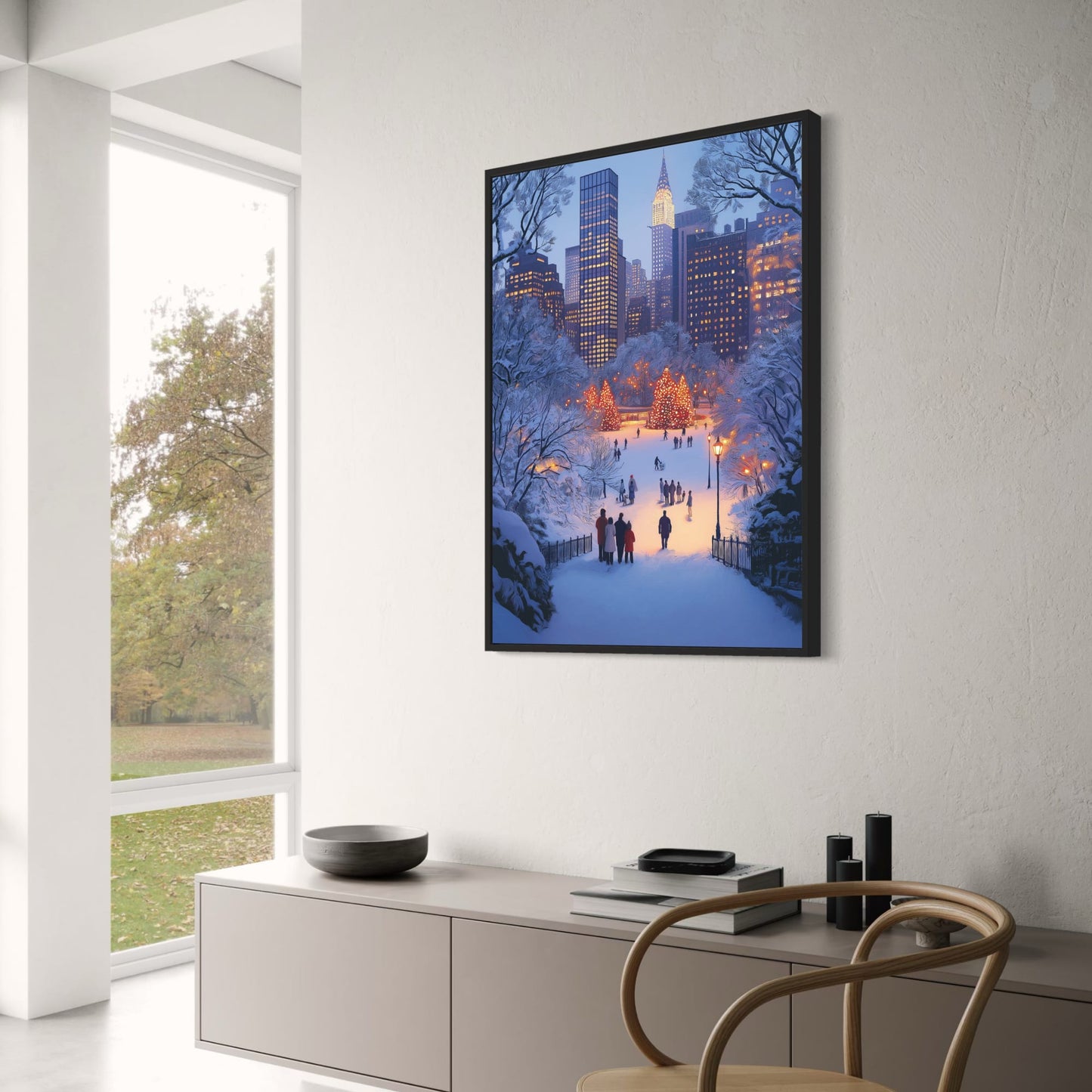 Enchanting Winter Wonderland Cityscape | Skyscrapers at Twilight | Snow-Covered Trees & Festive Ice Skating Scene | Holiday Poster & Print | Christmas Urban Winter Magic Decor