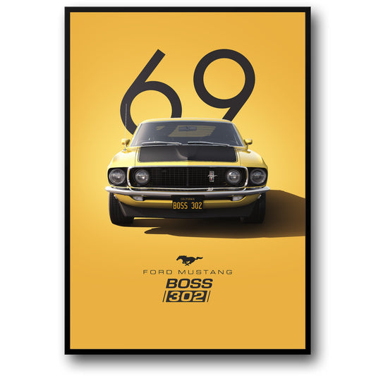 1969 Ford Mustang Boss 302 | Yellow Background | Classic Muscle Car
