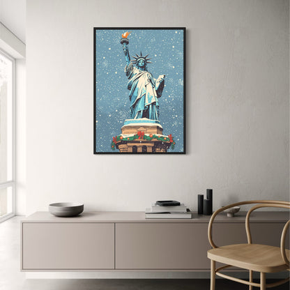 Festive Winter Scene | Statue of Liberty | Christmas Decor | Snowflakes and Garland | New York Style Seasonal Art Print | Holiday Poster | Iconic Monument | Cultural Significance | Stylish Wall Art Decor