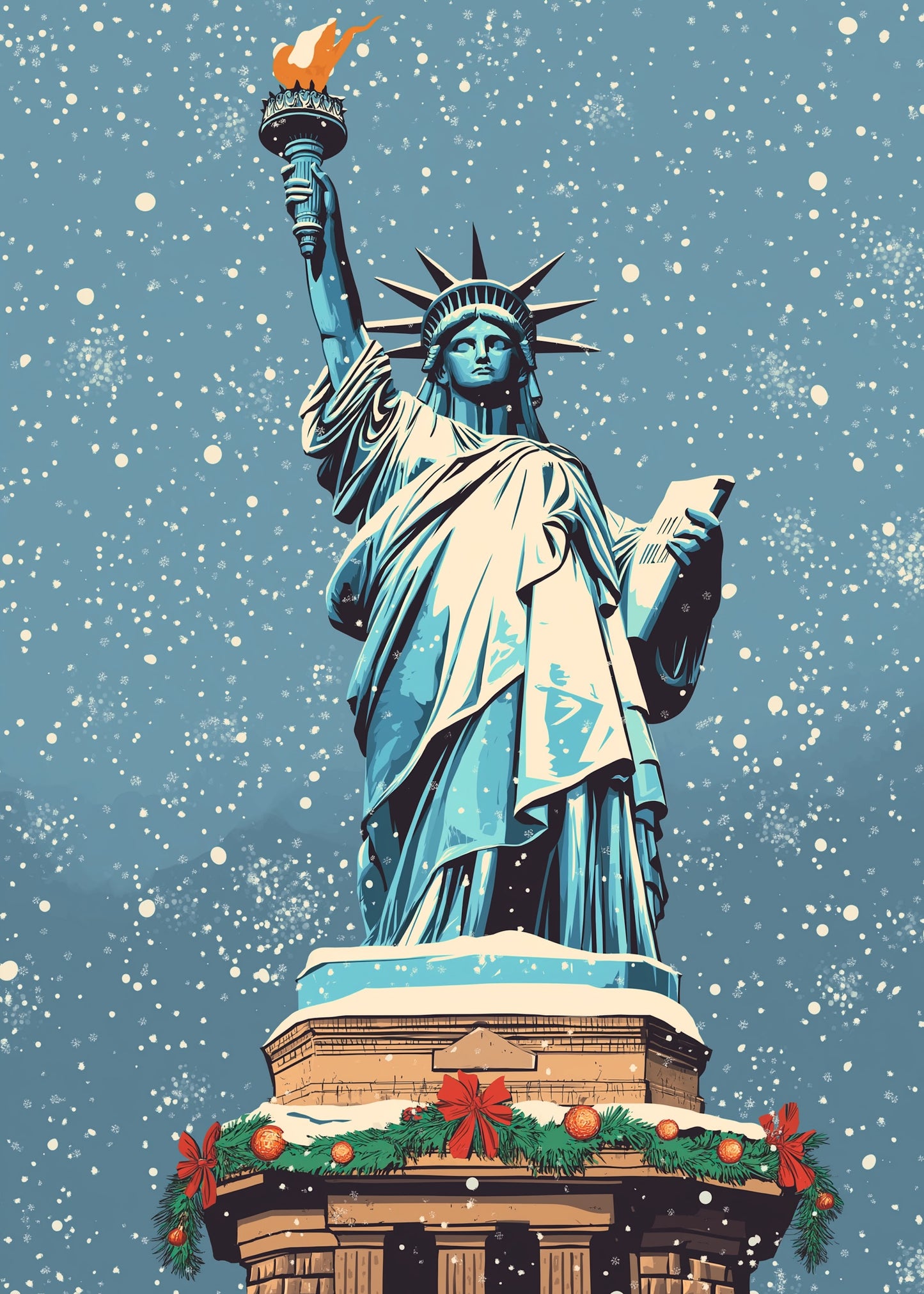 Festive Winter Scene | Statue of Liberty | Christmas Decor | Snowflakes and Garland | New York Style Seasonal Art Print | Holiday Poster | Iconic Monument | Cultural Significance | Stylish Wall Art Decor