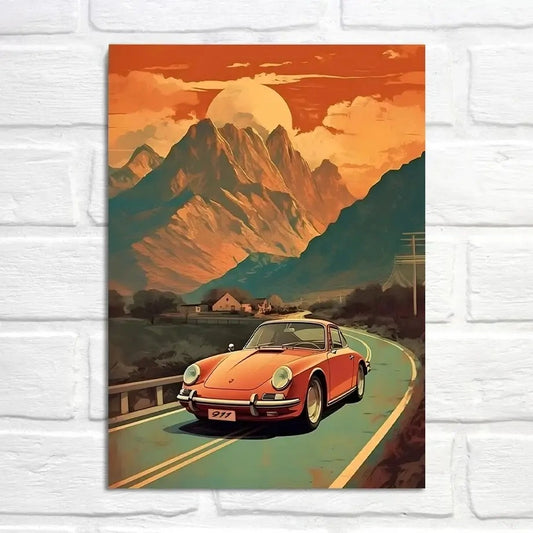 Porsche 911 Poster | Sunset Voyage by the Mountains | Scenic Scenic Route | Automotive Art Decor