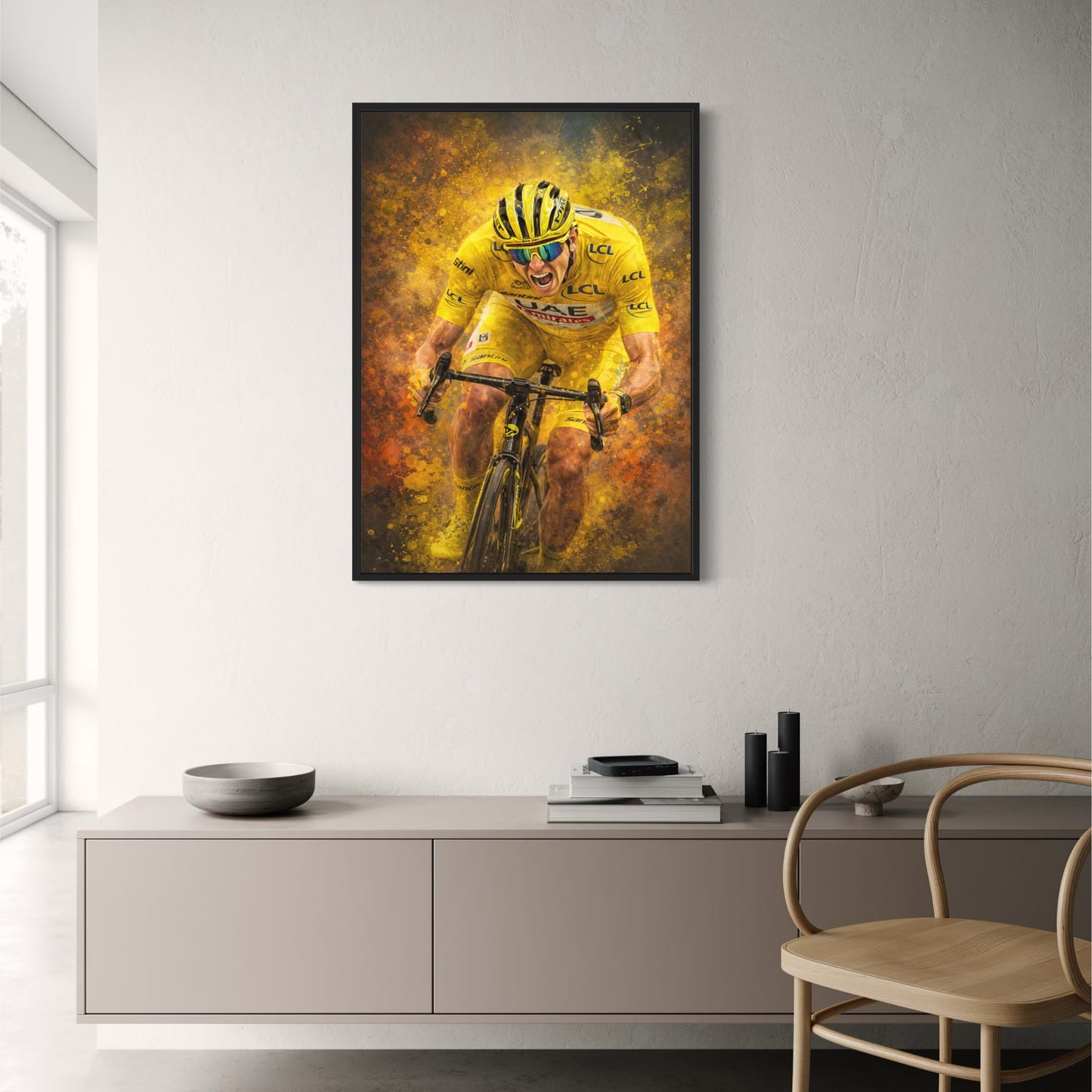 Cycling Athlete Art | Intense Sports Poster | Vibrant Yellow Kit | Adrenaline Race Poster | Splattered Paint Effect | Bike Enthusiast Wall Art | Team Branding Print | Sporty Decor | Home Gym Poster