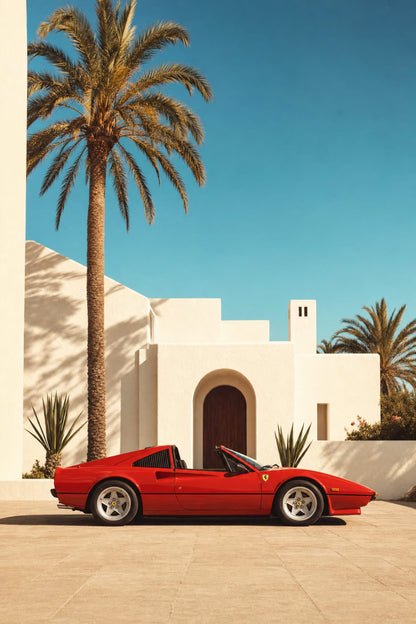 Red Sports Car in Tropical Setting | Modern Wall Art Decor | Luxury Automotive Poster Print for Home Office Decor