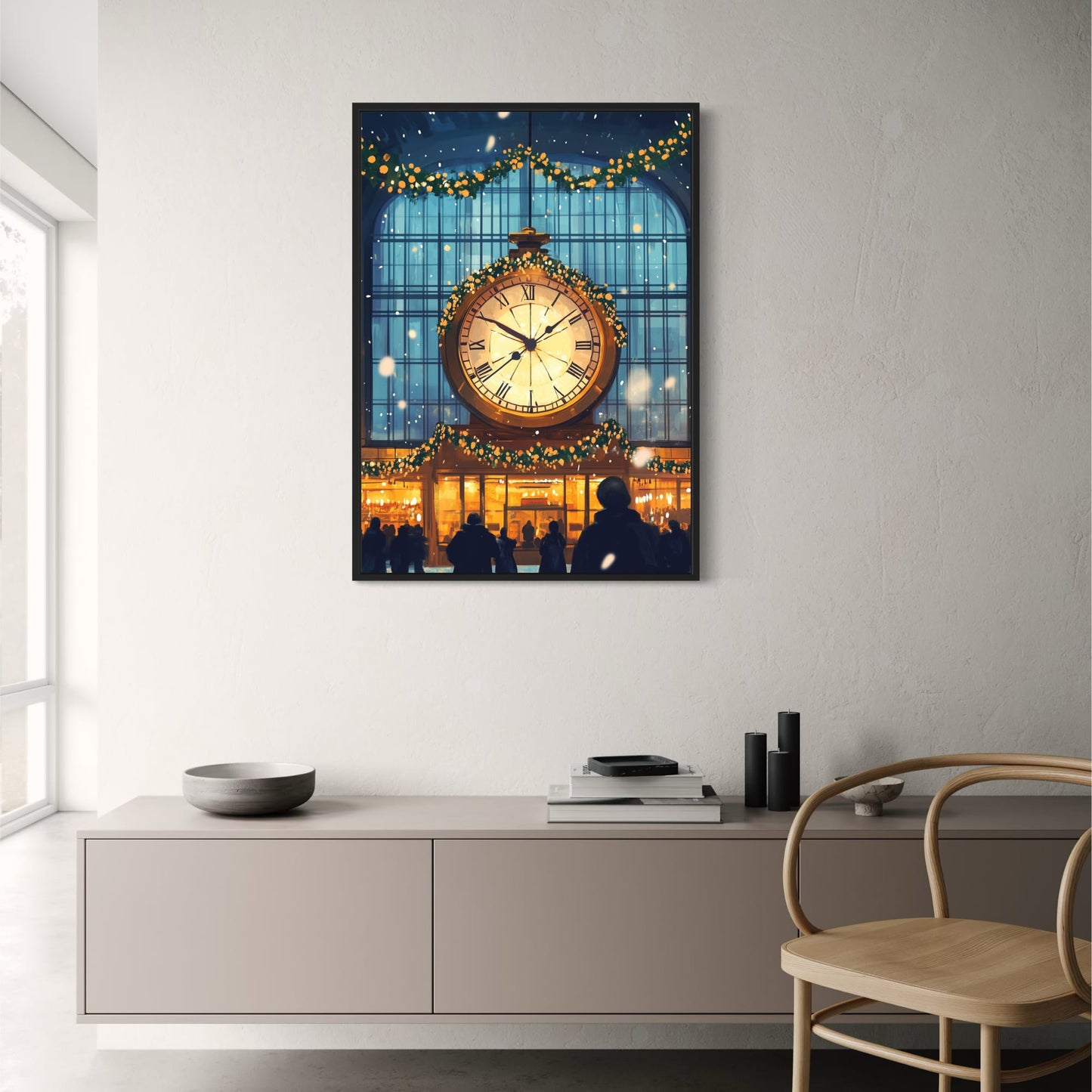 Grand Entrance Poster | Festive Snowfall Scene | Illuminated Clock | Blue Window Backdrop | Greenery & Yellow Ornaments | Seasonal Ambiance | Wall Art Print for Home Decor or Holiday Gifts