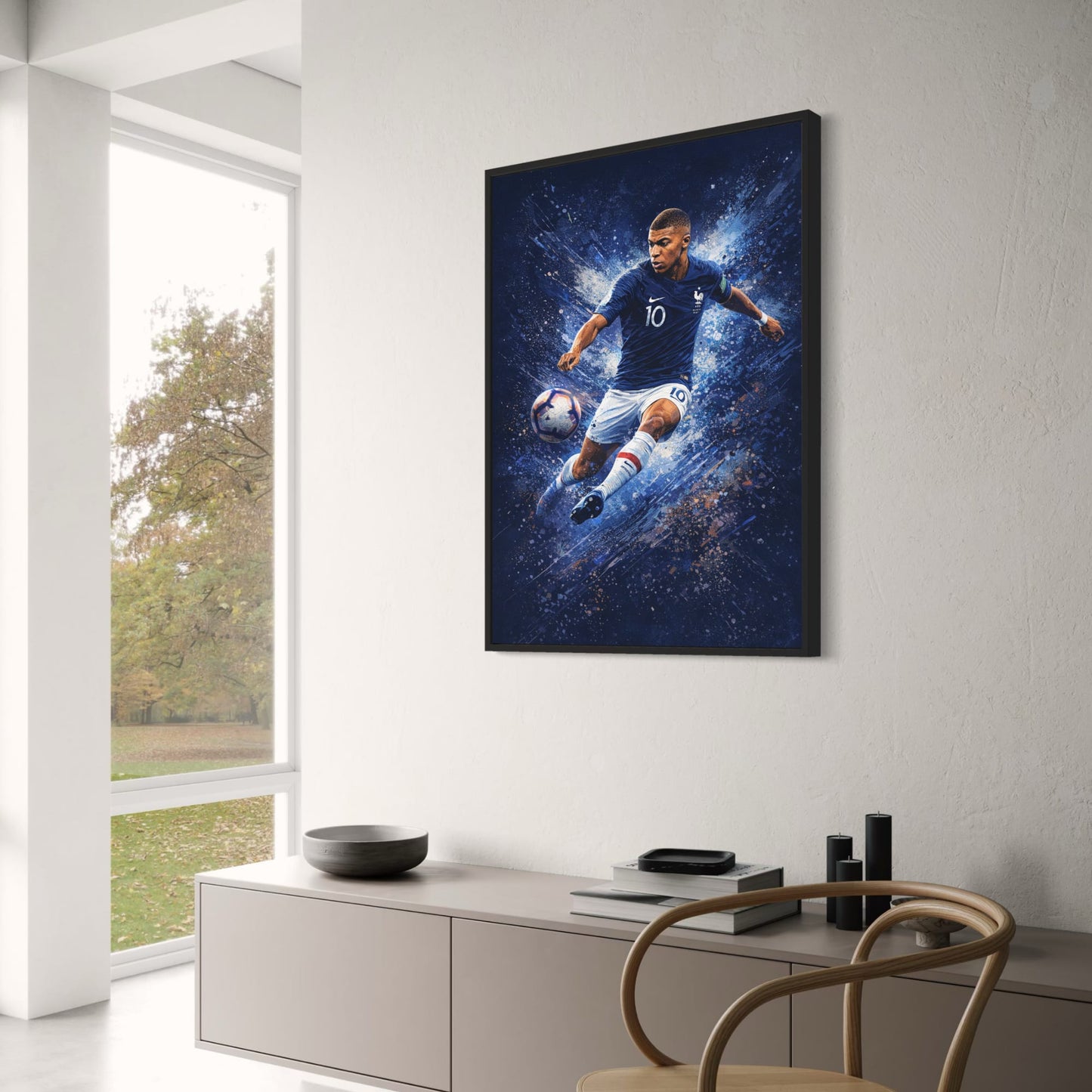 Football Action | Blue Jersey Number 10 | Energetic Blue White Background | High-Quality Art Decor Poster | Print