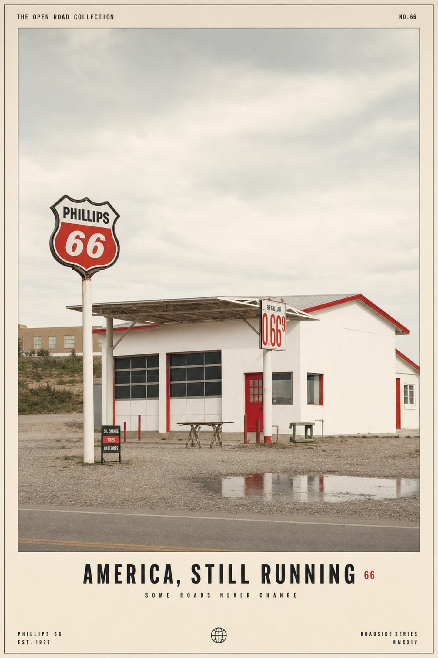 Vintage America Roadside Scene | Retro Gas Station | Phillips 66 Nostalgia | Classic Americana Wall Art | Poster Print