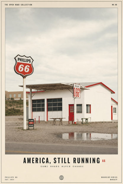 Vintage America Roadside Scene | Retro Gas Station | Phillips 66 Nostalgia | Classic Americana Wall Art | Poster Print