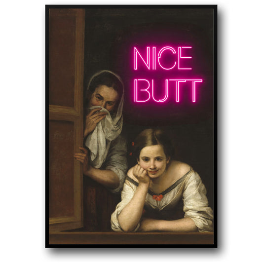 Vintage Painting | Neon 'NICE BUTT' | Humorous Decor