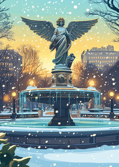 Vibrant Angelic Statue | Snow-Covered Park Scene | Icy Details & Historic Architecture | Winter Wonderland | Serene Snowfall | Golden Twilight Sky | Elegant Art Print Poster for Home Decor | Urban Park Beauty