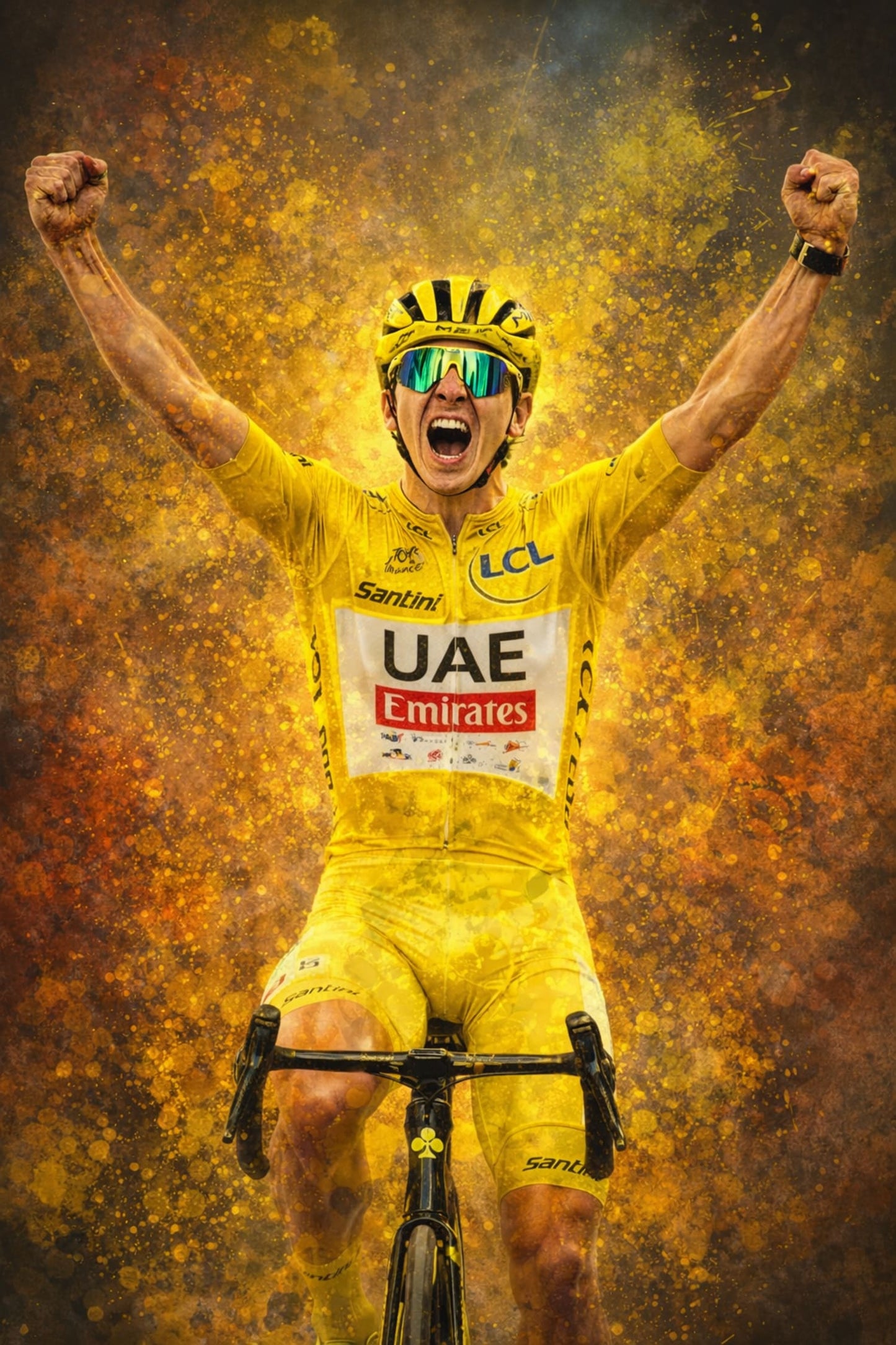 Tadej Pogačar | Enthusiastic Cyclist Poster | Celebratory Racing Bicycle Print | Vibrant Yellow Jersey | UAE Emirates & Santini Branding | Energetic Pose Against Abstract Background | Competitive Spirit Artwork