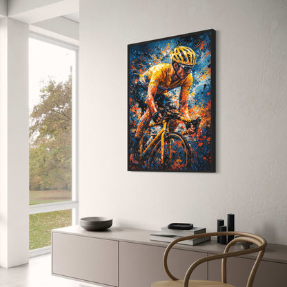 Sports Art | Intense Cyclist in Yellow Jersey | Blue & Orange Splashes | Energy & Motion | Motivational Poster Print