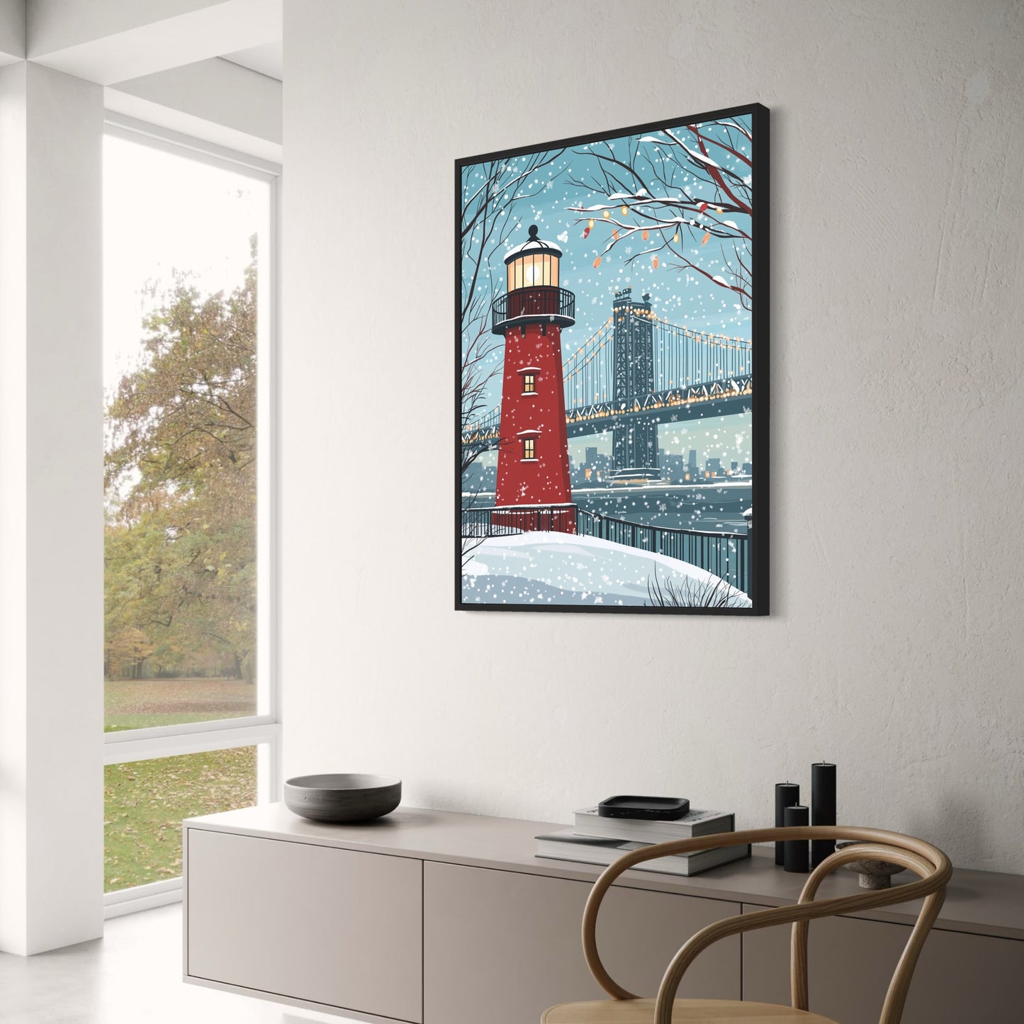 Scenic Winter Wonderland Art | Red Lighthouse in Snow | Cityscape & Bridge | Holiday Lights & Falling Snowflakes | Nature Enthusiast Gift | Large Wall Print | Tranquil Seasonal Decor | Serene Atmosphere