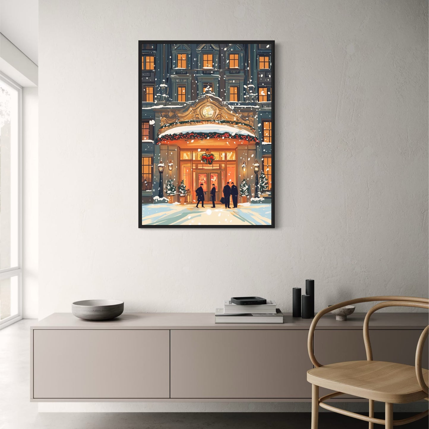 Luxurious Winter Holiday Scene | Festive Hotel Entrance | Snow-Covered Architecture | Seasonal Wreaths & Lights | Holiday Poster & Print