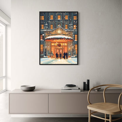 Luxurious Winter Holiday Scene | Festive Hotel Entrance | Snow-Covered Architecture | Seasonal Wreaths & Lights | Holiday Poster & Print
