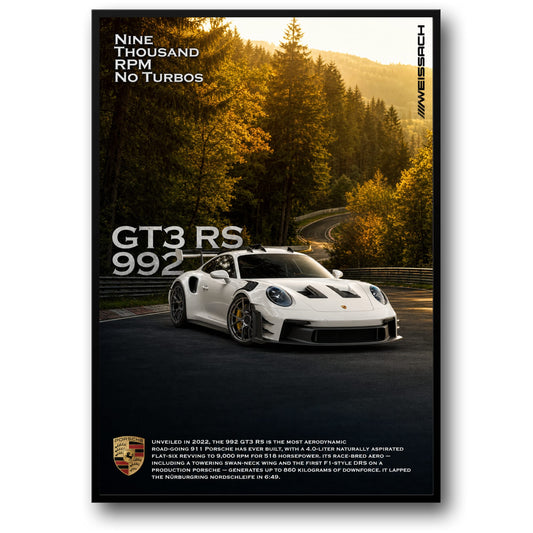 Porsche GT3 RS 992 | High Performance Car Art | Nine Thousand RPM | Automotive Poster | Wall Print Decor | Sports Car Enthusiast Gift