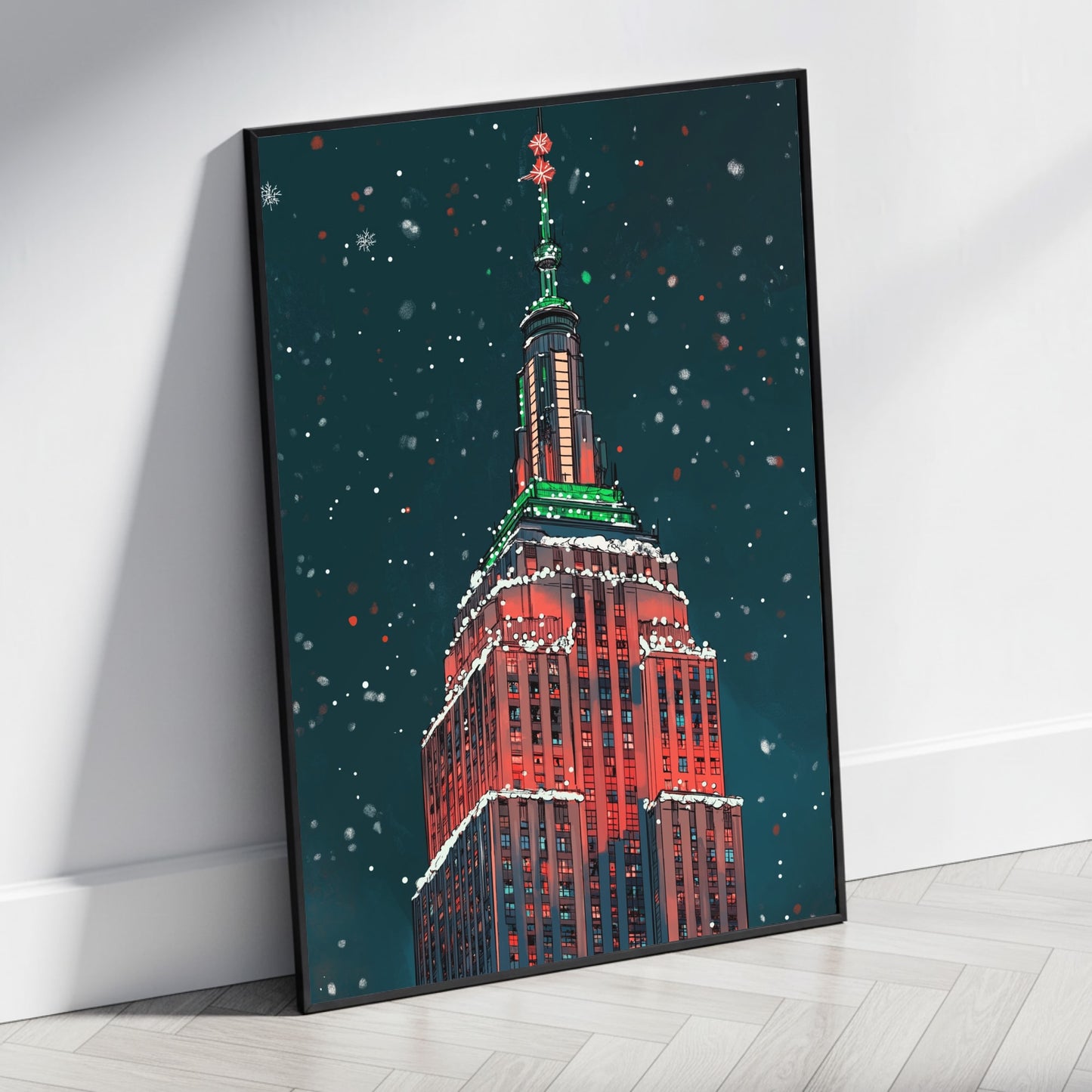 Festive Winter Night Art Print | Illuminated Art Deco Skyscraper in Holiday Lights | Snowy Urban Landscape | Christmas Colors Poster | Seasonal Decor | Magic of a Holiday Cityscape Print