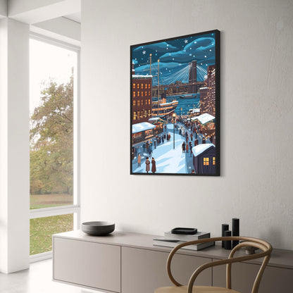 Festive Winter Cityscape | Charming Snow-Covered Streets | Cozy Market Stalls | Illuminated Architecture at Night | Enchanting Urban Harbor | Holiday Season Art | Decorative Poster Print