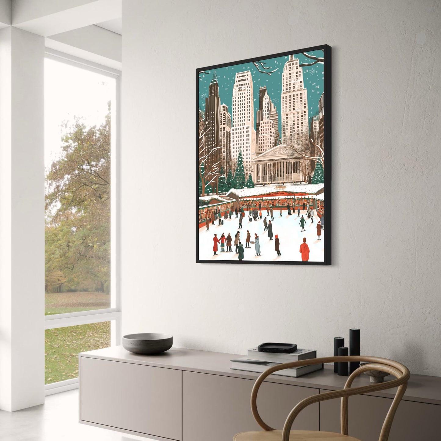 Festive Winter Wonderland | Holiday Skaters & Market | Vibrant Christmas Trees | Snowy Urban Scene | New York City | Poster Print