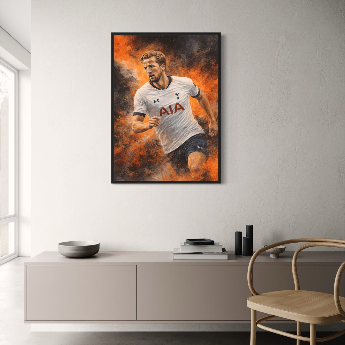 Football Art Print | Sports Poster | Fiery Orange and Dark Background | White & Navy Blue Jersey | Intensity of Professional Football | Collectible Wall Art | Home Office Decor