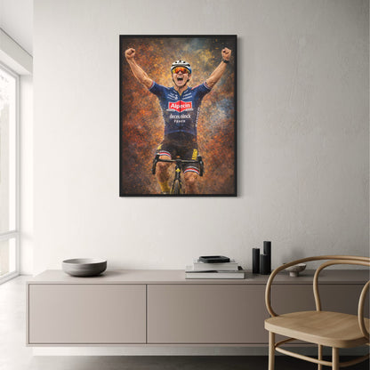 Cyclist Triumph | Professional Rider in Alpecin-Deceuninck Kit | Vivid Orange & Blue Explosive Background | Sports Decor Wall Art | Victory & Athletic Pride Poster Print