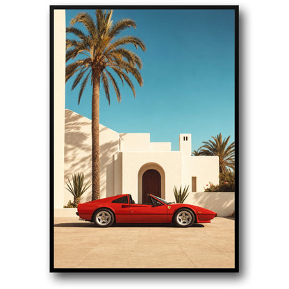 Red Sports Car in Tropical Setting | Modern Wall Art Decor | Luxury Automotive Poster Print for Home Office Decor