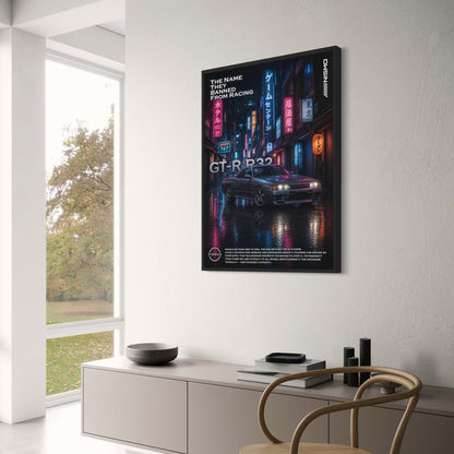 Nissan GT-R R32 | Iconic Car Racing Heritage | Night Cityscape Art | Automotive Legend Poster Print