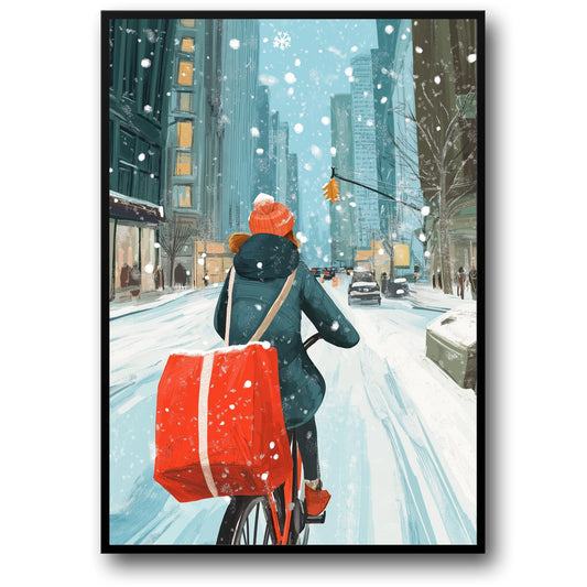 Urban Winter Wonderland | Cityscape Bicycle Adventure In Snow | Red Accessories & Backpack Art | Perfect For Cyclists & Winter Lovers | Stunning Poster & Print For Home Or Office Decor
