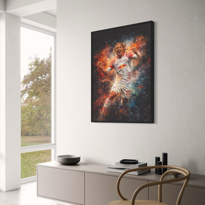 Yussuf Poulsen | Soccer Canvas | Energetic Football Art Decor | Vibrant Soccer Celebration Poster | Red Bull Leipzig Themed Print | Perfect Wall Art for Sports Bars | Inspirational Decor for Football Enthusiasts
