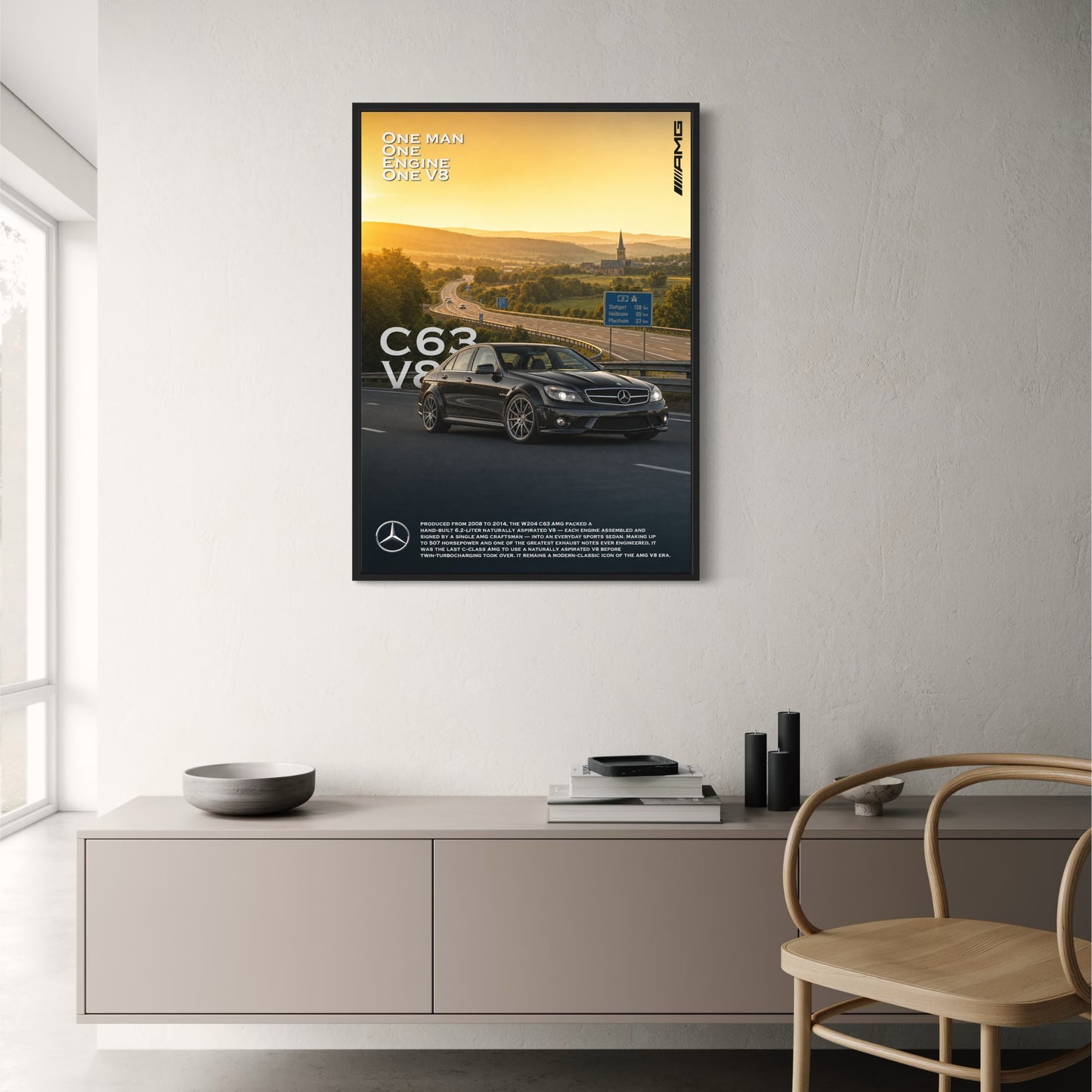 Mercedes C63 AMG V8 Poster | Classic Car Art | Iconic Engine Design Print | Luxury Sports Sedan | Wall Decor Poster