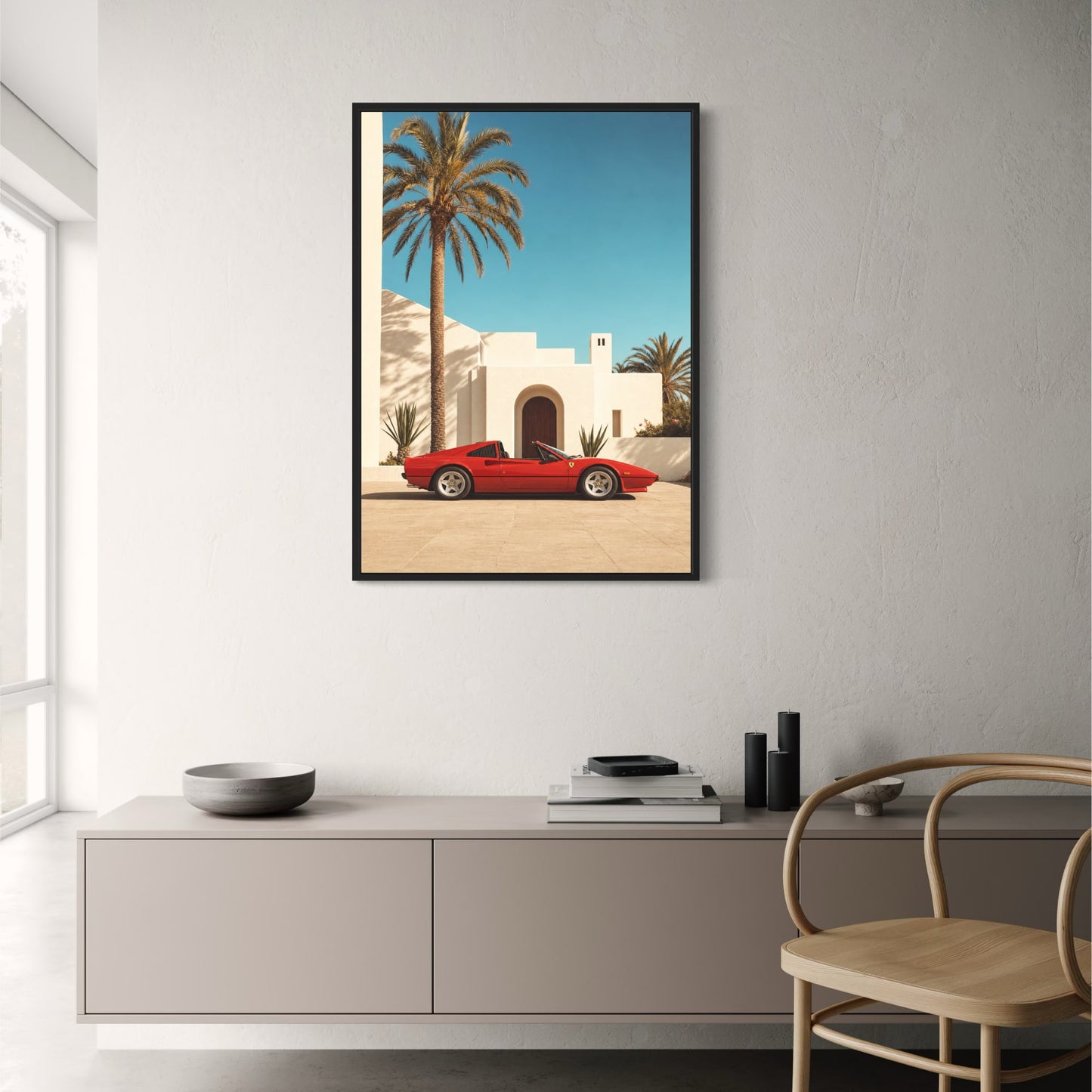 Red Sports Car in Tropical Setting | Modern Wall Art Decor | Luxury Automotive Poster Print for Home Office Decor
