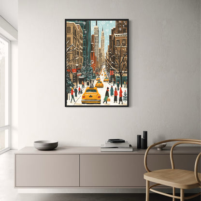 Snowy Urban Winter Cityscape Poster | Busy Streets & Yellow Cabs | Vibrant Holiday Scene Art Print | Skyscrapers & Decorated Trees | Charming Seasonal Skyline | Iconic Metropolitan Art Print