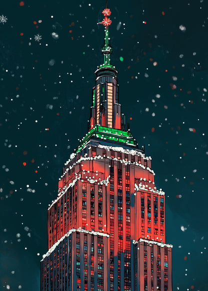 Festive Winter Night Art Print | Illuminated Art Deco Skyscraper in Holiday Lights | Snowy Urban Landscape | Christmas Colors Poster | Seasonal Decor | Magic of a Holiday Cityscape Print